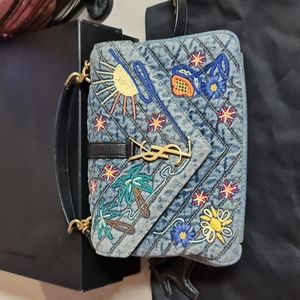 SAINT LAURENTDenim Matelasse Chevron Summer Embroidered Monogram Medium College